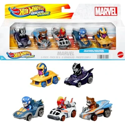 Afbeelding van Hot Wheels RacerVerse, Set van 5 metalen Marvel speelgoedauto&#039;s, geoptimaliseerd voor banen, met populaire personages als bestuurders, cadeau kinderen en verzamelaars, HPN40