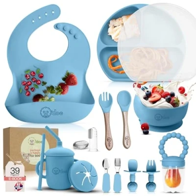 Afbeelding van O&#039;doe 17 delige baby led spenningsaccessoires voor peuters, babyvoedingsset, siliconen babyzitje, zelfconsumerende gebruiksvoorwerpen met lepels, kopjes, slabbetjes, eetbordenset blauw, V2
