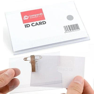 Afbeelding van CKB Ltd® Set van 100 professionele clip on transparante plastic ID naambadges met krokodillenklem en veiligheidspincode inclusief blanco kaartinzetstukken, 9 x 6 cm creditcard PVC portemonnee