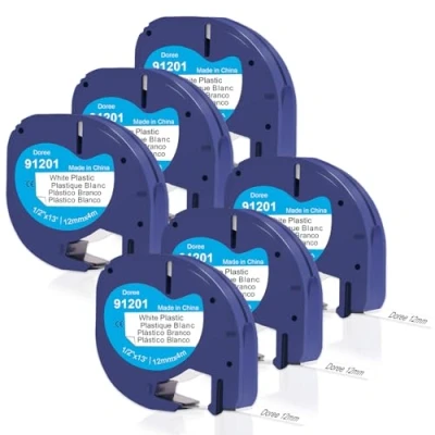 Afbeelding van Doree 91221/91201 Plastic labeltape (6 stuks), 12 mm x 4 m, zwart op wit, zeer waterdichte kunststof Letratag tape, compatibel met Dymo LT 100H, 100T, XR, 200B