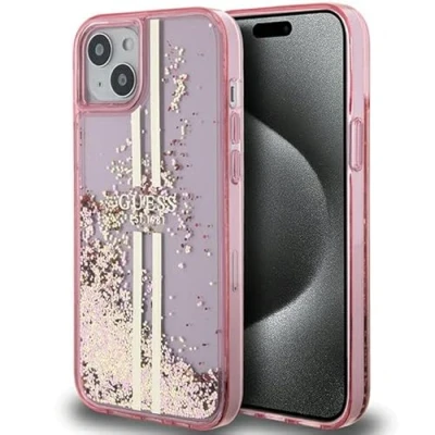 Afbeelding van Guess GUHCP15MLFCSEGP hoes voor iPhone 15 Plus / 14 6,7 inch roze hardcase Liquid Glitter Gold Stripes