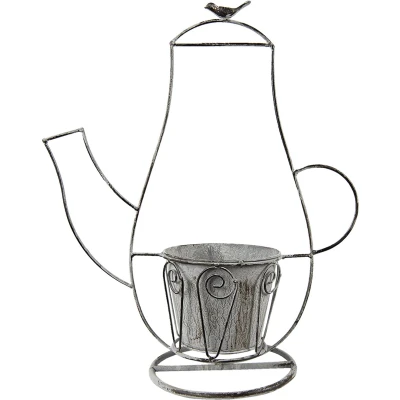 Afbeelding van Clayre &amp; Eef Planthouder Koffiepot 43x20x49 cm Grijs Ijzer Vogel Decoratie Plantenhouder