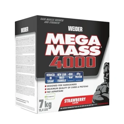 Afbeelding van Weider Mega Mass 4000 Weight Gainer Shake, met Eiwitten en Creatine, Spieropbouw, Aardbeien Smaak, 7 kg