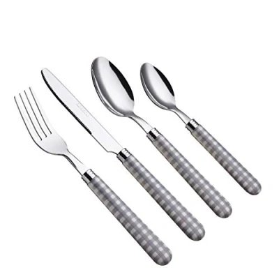 Afbeelding van Gingham Roestvrijstalen bestekset, 24 stuks, gekleurde handgrepen, 6 x tafelvorken, tafelmessen, dinerlepels, theelepels (24 grijs)