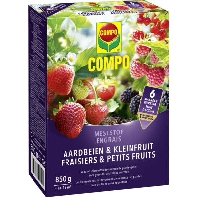 Afbeelding van COMPO Meststof Aardbeien &amp; Kleinfruit directe en lange werking 6 maanden voor een rijke smakelijke doos 850 g