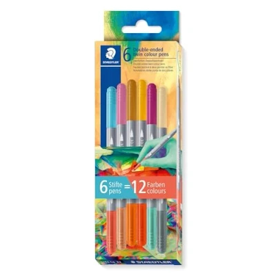 Afbeelding van Staedtler 3280 dubbele viltstiften tweekleurig, twee punten, verschillende kleuren, lijnbreedtes 3 mm en 1 mm, kartonnen etui met 6 in diverse 3280C6E2 2