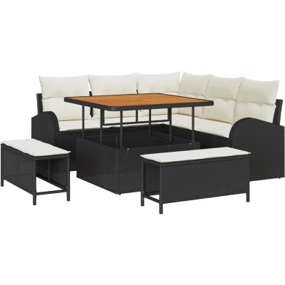 Afbeelding van vidaXL 8 delige tuinbank set met kussens zwart poly rattan acacia, 2 zits rattan, 3 tuin eetset acacia