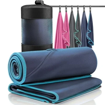 Afbeelding van Microvezel Handdoek, Set van 2 + Opbergzak Reishanddoek Groot &amp; Klein: Badhanddoek Handdoek Sneldrogende Reishanddoek, Sporthanddoek, Absorptie, Licht, Mini, Reizen, Sport, Backpacker, Outdoor (Blauw)