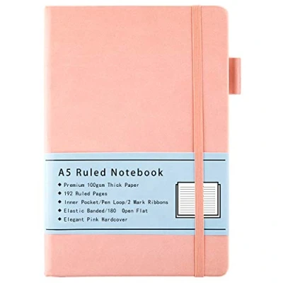 Afbeelding van Notitieboek A5, hardcover gelinieerd dagboek met premium 100 g/m² dik papier, binnenzak, pennenlus, elastische band, kunstlederen omslag, 192 pagina&#039;s, 14,5 x 21,3 cm (roze)