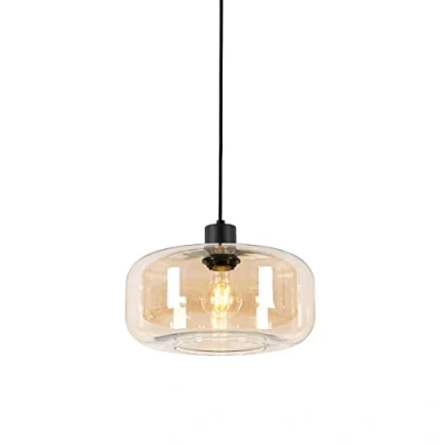 Afbeelding van QAZQA Art Deco hanglamp zwart met amber glas Bizle