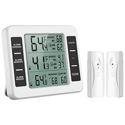 Afbeelding van ORIA Koelkastthermometer, Digitale Thermometer Hygrometer, met Binnentemperatuur monitor, 2 Draadloze Sensoren, Vriezerthermometer, Min/Max waarde, voor Thuis, Restaurants Wit