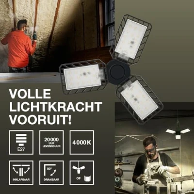 Afbeelding van OSRAM Highbay Blade plafondlamp in zwart, kunststof, met verstelbare lichtbladen, biedt 17 W of 1700 lm neutraal wit 4000 K, E27 schroefdraad, 231 mm diameter, IP20