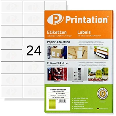 Afbeelding van Printation etiketten zelfklevend 70 x 37 mm weerbestendig transparant mat 25 A4 vellen 24 zelfklevende per vel 3 8 600 folie met laserprinter te