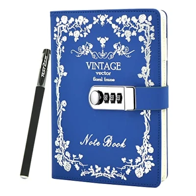 Afbeelding van NectaRoy Vintage retro PU lederen cover notebook planner, reisdagboek met slot, afsluitbaar dagboek slot dagboek, wachtwoord schrijven notitieblok pen, 5,9 x 8,4 inch