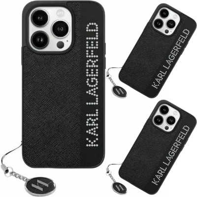 Afbeelding van Karl Lagerfeld Saffiano Rhinestones &amp; Charm hoesje voor iPhone 15 Pro zwart