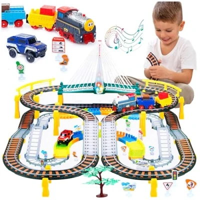 Afbeelding van Kinderplay Elektrische spoorweg met racebaan spoorbaan, autoracebaan, op batterijen werkende trein, 2 in 1 KP0635