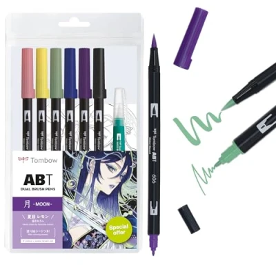 Afbeelding van Tombow ABT Dual Brush Pen Watercolor MANGA set Moon, van 6 + watertankpenseel, schildersjablonen &amp; video tutorial [ABT 6P MOON]