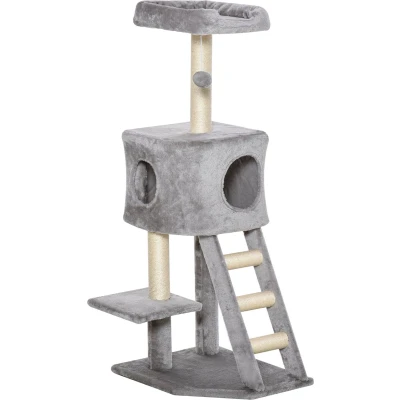 Afbeelding van PawHut Krabpaal kattenboom met kattengrot trap zacht kussen E1 MDF sisal lichtgrijs D30 349