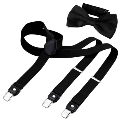 Afbeelding van DonDon Y vormige 2,5 cm smalle herenbretels elastisch en verstelbaar in tweedelige set met bijpassende kleur strik 12 x 6 Zwart