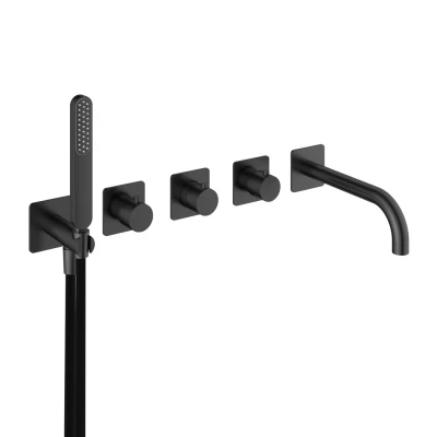 Afbeelding van HotBath Gal Afbouwdeel Inbouw bad/douche thermostaat 2 stopkranen met uitloop Geborsteld Gunmetal PVD GL7072EXTBGP