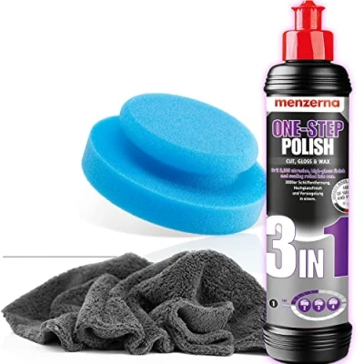Afbeelding van detailmate Menzerna Medium Cut Polijstmiddel, 3 in 1, 250 ml + Made Germany, polijstspons 130 mm ultrazachte microvezel polijstdoek 550 g/m² 1 beschermende handschoen