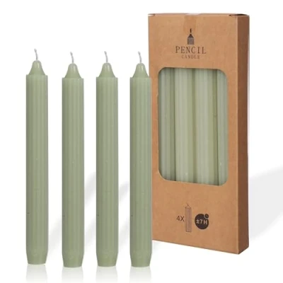 Afbeelding van COMFORDER Set staafkaarsen, 4 x tafelkaarsen, effen + geribbeld, 20 cm, 7 uur brandduur, ongeparfumeerd (lichtgroen)