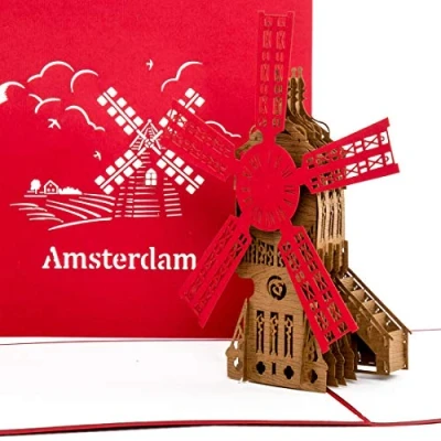 Afbeelding van 3D kaart Amsterdam, windmolen, pop up als cadeau idee en verjaardagskaart, souvenir, decoratie, cadeaubon, cadeau, decoratie reisvoucher Amsterdam &amp; Holland