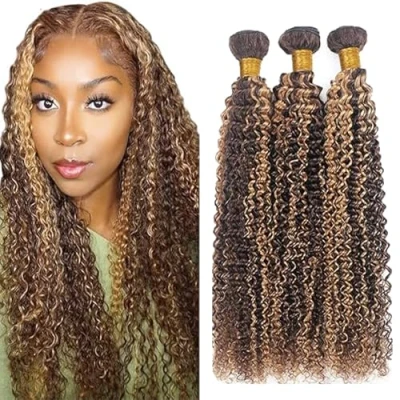 Afbeelding van Tuheerst 3 Bundles Human Hair Real Curly Wave Extensions for Women P427 Highlight Blonde Doubles Weft No Semll Brazilian Remy 20 Inches