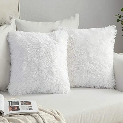 Afbeelding van MIULEE set van 2 kussenslopen uit imitatiebont, pluizige zachte decoratieve vierkante schattige pluchen kussenhoes, voor woonkamer bank slaapkamer, 45 x cm, wit