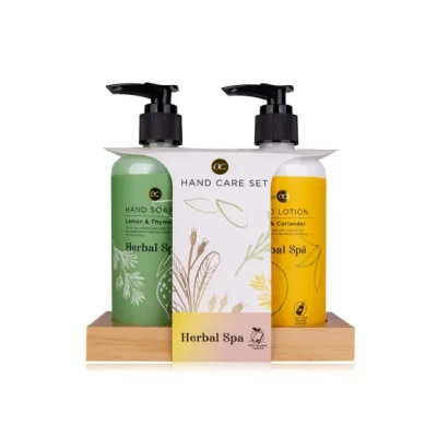 Afbeelding van Accentra Herbal Spa Hand Care Set on a Wooden Shelf, 290 ml Soap and Lotion, Packaging (Paper) Bottles Made of Recycled Material Refillable