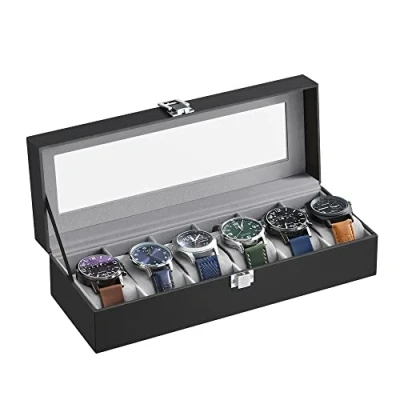 Afbeelding van Horlogedoos voor 6 horloges, horlogekast met glazen deksel, horlogekussen van fluweel, gleuf, 11.2 x 30 8 cm, cadeau idee, PU bekleding in Zwart, fluwelen voering grijs JWB06BK