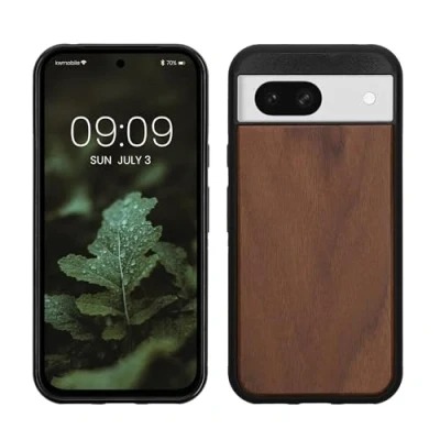 Afbeelding van kwmobile telefoonhoesje geschikt voor Google Pixel 8a Hoesje met bumper in bruin Backcover walnoothout