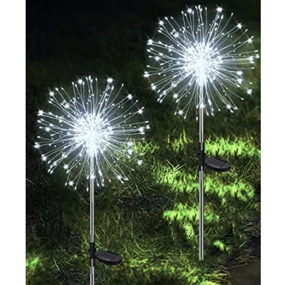 Afbeelding van Joysing Gartendeko Tuinverlichting op zonne energie, voor buiten, 2 stuks, 120 leds, vuurwerk, 8 modi, zonnebloem, tuinsteker, waterdicht, lampen energie tuin, balkon, terras, koud wit