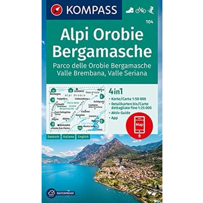 Afbeelding van 104 alpi orobie bergamasche parco delle bergamasche: 4in1 Wanderkarte mit Aktiv Guide und Detailkarten inklusive Karte zur offline Verwendung in der KOMPASS App. Fahrradfahren. Skitouren.