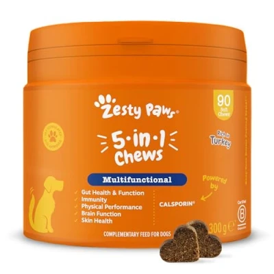 Afbeelding van Zesty Paws Hond Multivitamine 5 in 1 Bevordert darm en huidgezondheid, immuniteit fysieke prestaties Vermindert stress Vitamine B Turkije Smaak 90 st