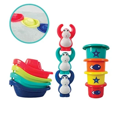 Afbeelding van LUDI Set met waterspelen, 3 spuitbussen + 4 kleurrijke boten glazen gat badspeelgoed voor baby&#039;s hulp bij de ontwikkeling van behendigheid vanaf 10 maanden