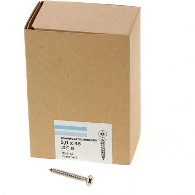 Afbeelding van spaanplaatschroeven RVS platverzonken kop PZ2 voldraad 5.0X45 (per 200 stuks)