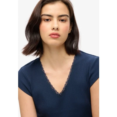 Afbeelding van Superdry Essential TRIM Vneck Tshirt print, Dames, Maat: 38, Richest navy
