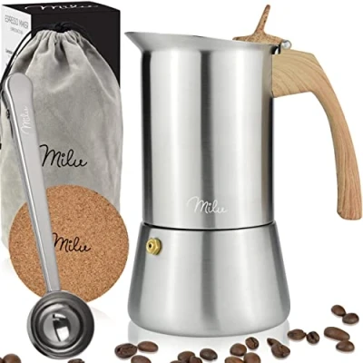 Afbeelding van Milu Espressomachine, geschikt voor inductie, 2, 4, 6, 9 kopjes, roestvrij staal, mokkakan, espressokan, espresso maker set incl. onderzetter, lepel (greep: houtlook, 6 kopjes (300 ml))