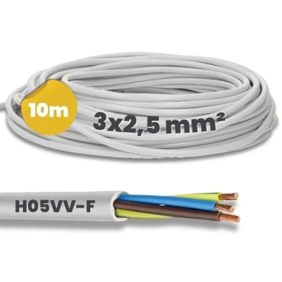 Afbeelding van Kalitec H05VV F slangkabel, 3 x 2,5 mm², stroomkabel 3G2,5 mm² met beschermgeleider, pvc kabel voor binnen, elektrische kabel, lampkabel, flexibel, apparaatkabel, aderig