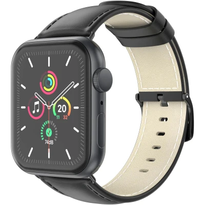 Afbeelding van Apple Watch bandje Echt leder Zwart Geschikt voor Series1/2/3/4/5/6/7/8/9/10/SE (38/40/41 mm) Series 10 (42