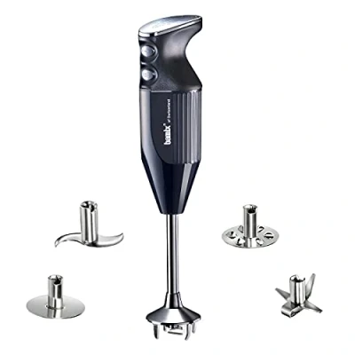 Afbeelding van bamix Staafmixer set M350 MAXX incl. multifunctioneel mes, Vlees , Groentemes, Gaatjesschijf, Gladde schijf van roestvrij staal, 350 Watt, 2 standen, Made in Switzerland, Zwart/chroom