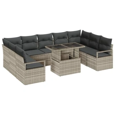 Afbeelding van vidaXL 10 delige Tuin Sofa Set met Kussens Lichtgrijs Poly Rattan, 2 zits Grijs Rattan