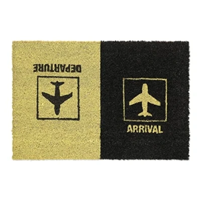Afbeelding van Relaxdays deurmat kokos, Arrival Departure&quot;, schoonloopmat met vliegtuig print, binnen &amp; buiten, 40x60 cm, zwart/geel