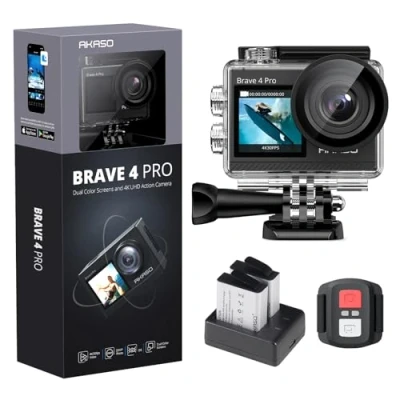 Afbeelding van AKASO Brave 4 Pro Sportcamera, K, 30 BpS, 20 MP, dual display, onderwatercamera, 2 x 1350 mAh, batterijen, accessoires voor onderwater, 40 m, 5 zoom