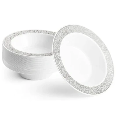 Afbeelding van MATANA 20 Witte Kunststof Schalen met Zilveren Rand, 360ml Elegant, Stevig en Herbruikbaar Bruiloften, Verjaardagen, Doop, Kerst, BBQ, Feesten
