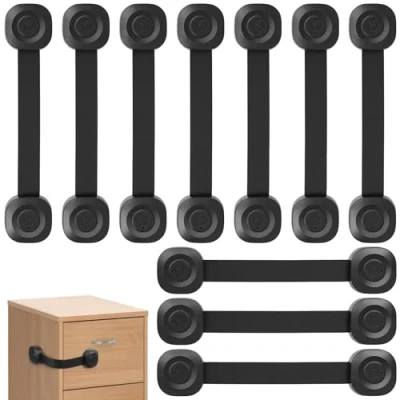 Afbeelding van ECHOCUBE kinderveilige ladekastsloten, babyveilige kastriemsloten met kleefband, 10 stuks, verstelbare sloten voor kasten, koelkasten, toiletten en vuilnisbakken (zwart)