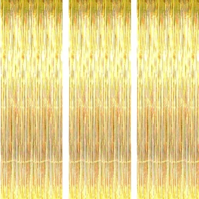 Afbeelding van AILEXI 3 stuks metalen gordijnen, glinsterend, blad, franjes, spiegelend, gordijn, deur, raam, decoratie voor verjaardag, bruiloft, feest, accessoires, 92 x 245 cm (92 cm) goud