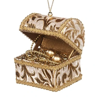 Afbeelding van Goodwill 13 centimeter crème en gouden hangende schatkist ornament