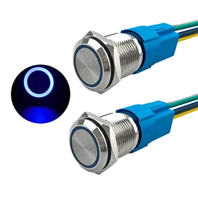 Afbeelding van Aiqeer 2 stuks 16 mm momentste drukknopschakelaar, 12 V/24 V, 5 A, drukknopschakelaar van roestvrij staal, waterdicht, IP67, met voorbedrade stekker (blauwe led)